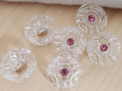 Lot 6 boutons vintage en verre transparent strass rose ou  1,7 cm ref 6356