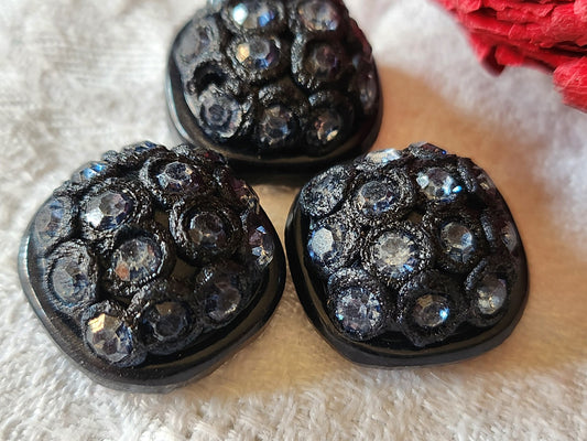 Trio boutons vintage strass resine parurier 2 cm bleu pied G15G