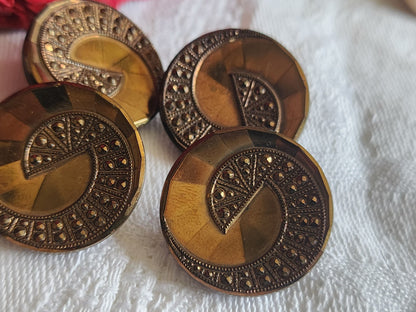 Lot 6 boutons anciens en verre marron facette superbe pied metal 2,2 cm ref 1458
