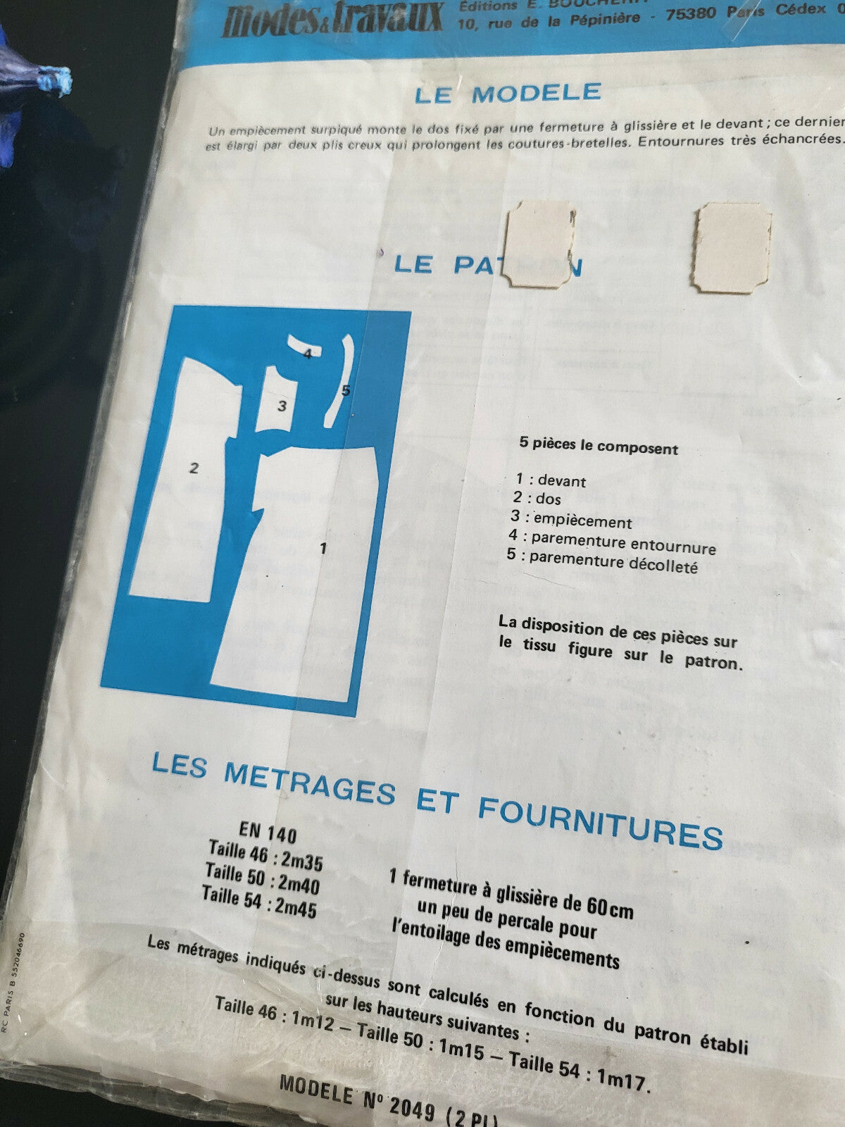 Patron ancien de France corsage robe chasuble T 46 50 54  année 70