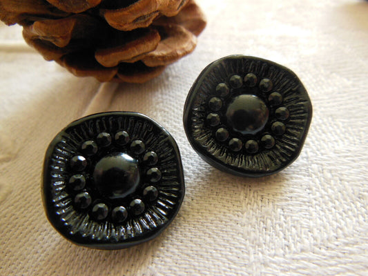 Duo boutons anciens en verre effet hématite gris foncé à pied 1,7 cm  D12T