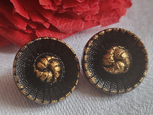 Duo boutons anciens en verre noir doré diamètre: 1,7 cm D19E