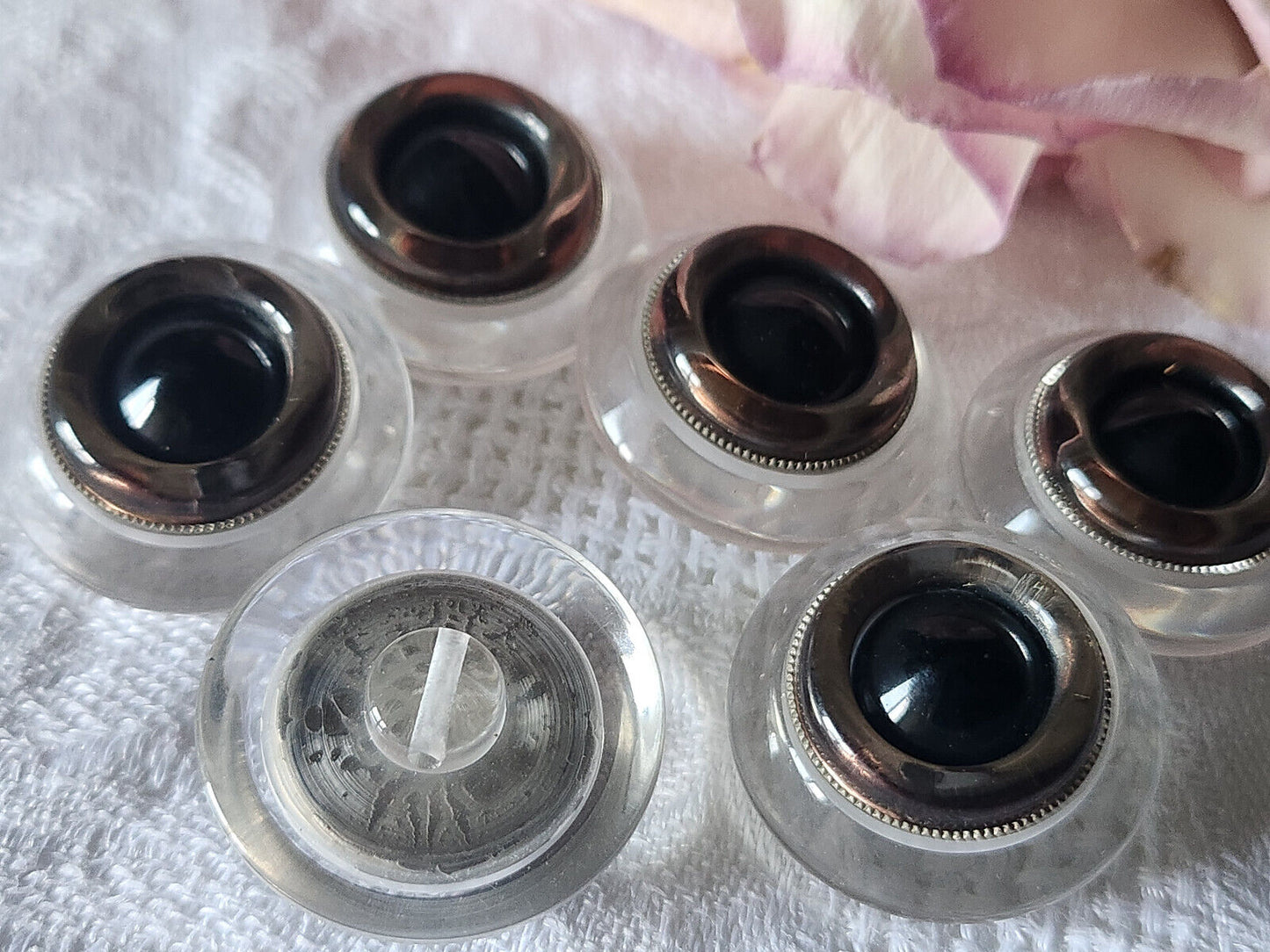 Lot 6 gros boutons vintage transparent noir argenté pied 2,5 cm ref 0213