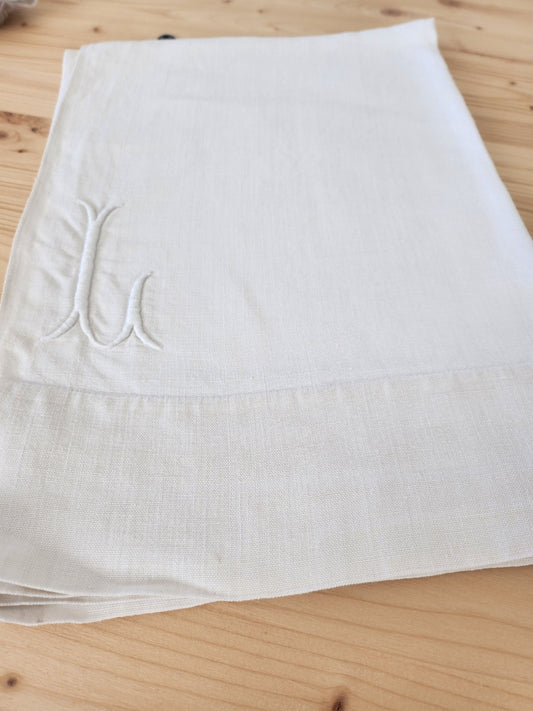 Ancien coupon   gros monogramme L tissu  toile ancienne 75 cm sur 103 cm  B5