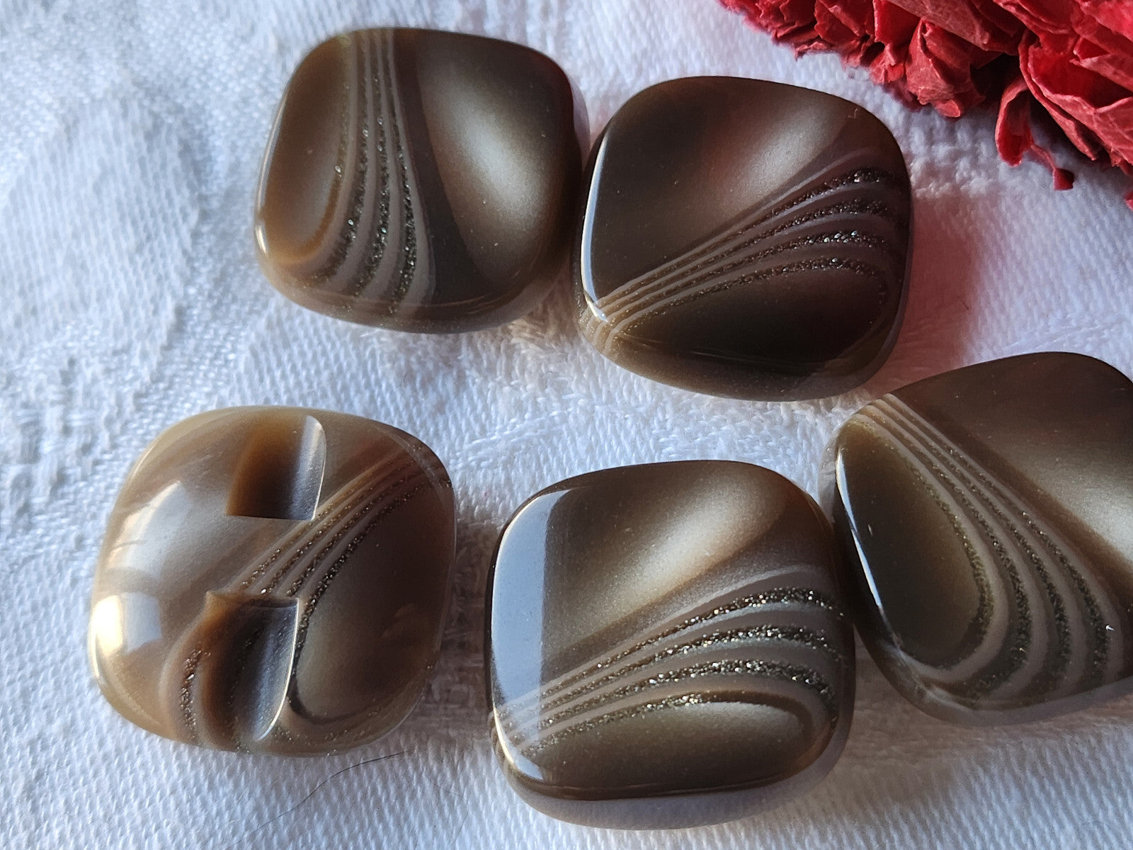 Lot 5 boutons vintage marron scintillant paillette carré pied 2,4 cm ref 5446