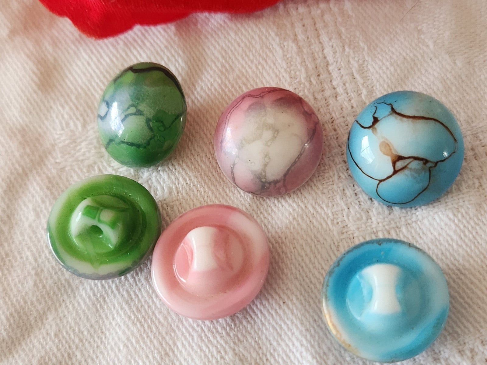 Lot 6 boutons vintage en verre bleu rose vert ancien 1,5 cm ref 6448