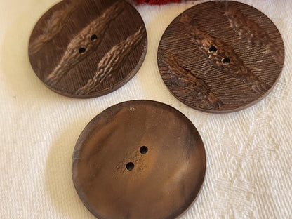 Trio énormes  boutons vintage marron mat texturé 3,4 cm ref 679