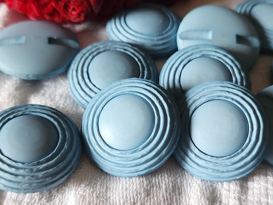 Lot 6 gros boutons vintage bleu mat à pied anneau doré 2,7 cm ref 3428