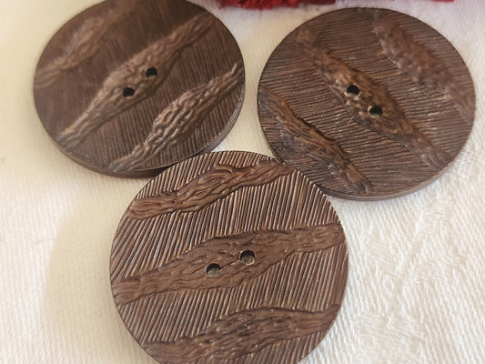 Trio énormes  boutons vintage marron mat texturé 3,4 cm ref 679