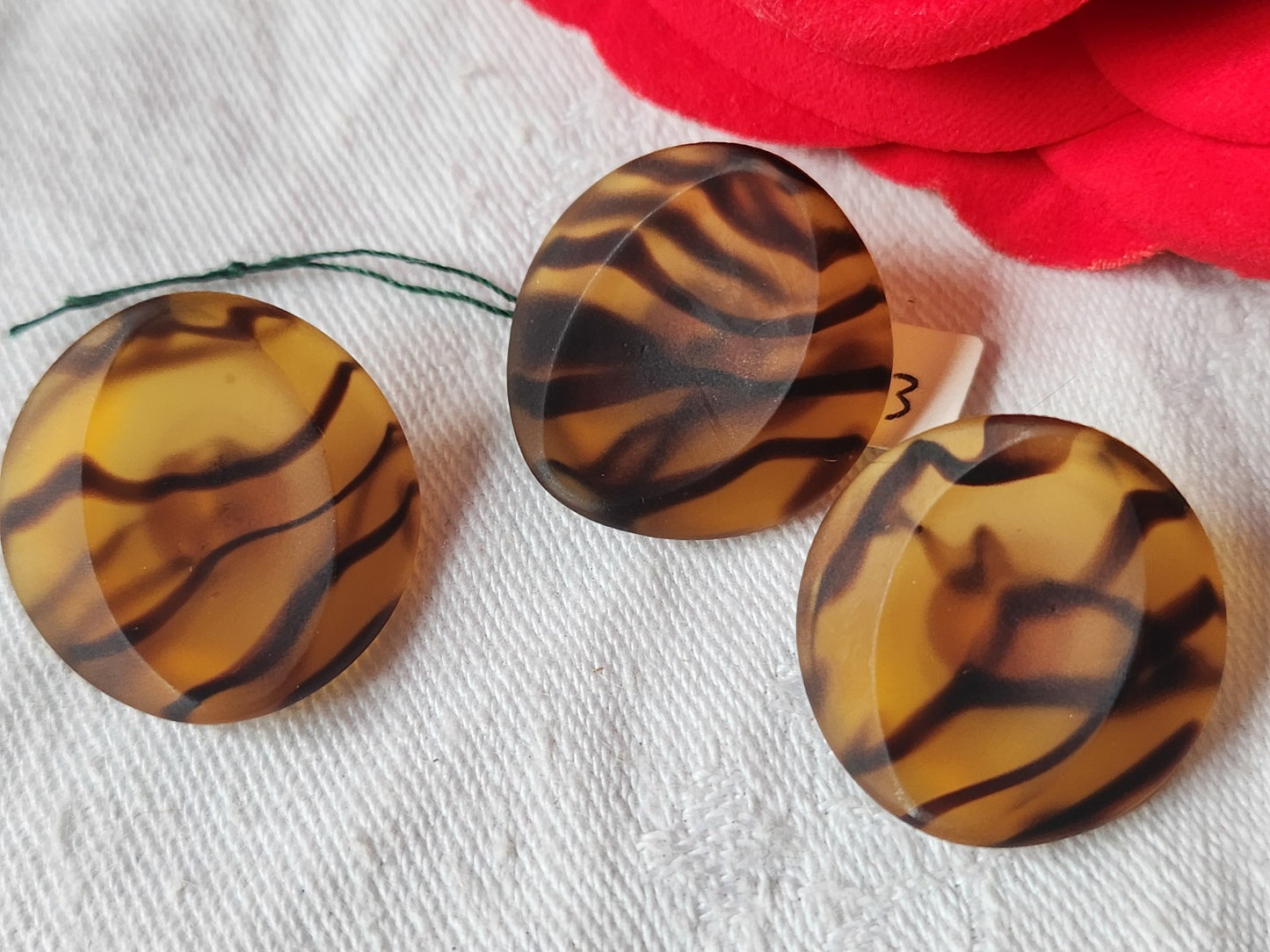 Trio gros boutons ancien en verre dépoli ecaille marron tigré 2,3 cm D16Q