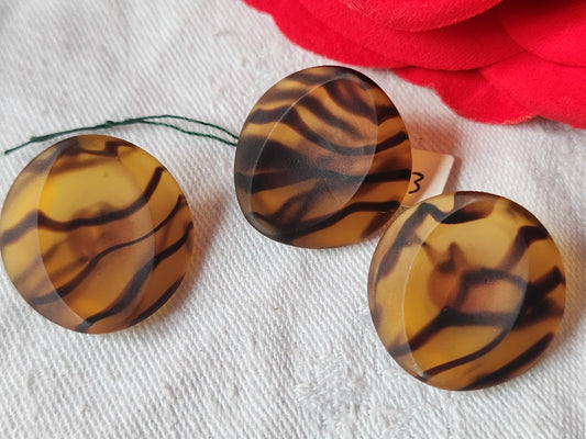 Trio gros boutons ancien en verre dépoli ecaille marron tigré 2,3 cm D16Q