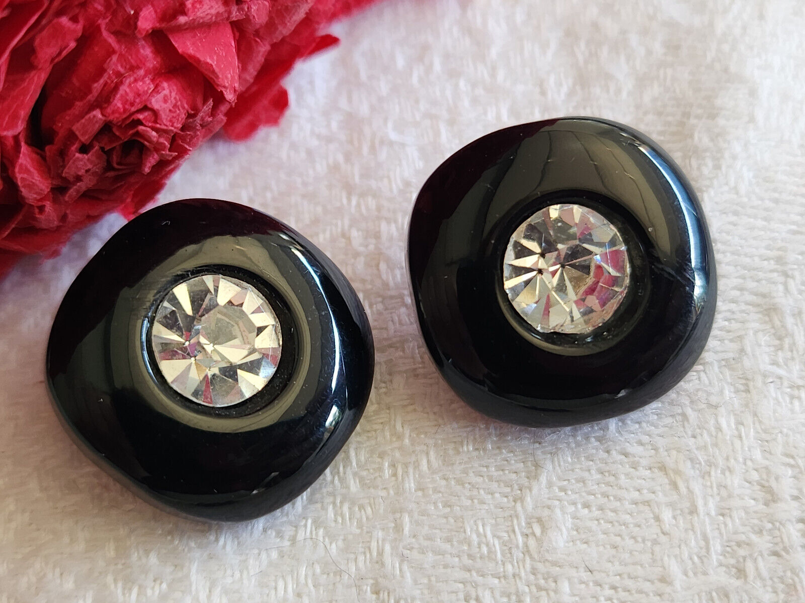 Duo boutons vintage en plastique noir strass en verre pied 1,8 cm G13G