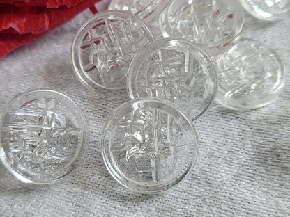 Lot 6 boutons anciens en verre motif creusé transparent 1,,4 cm ref 5449