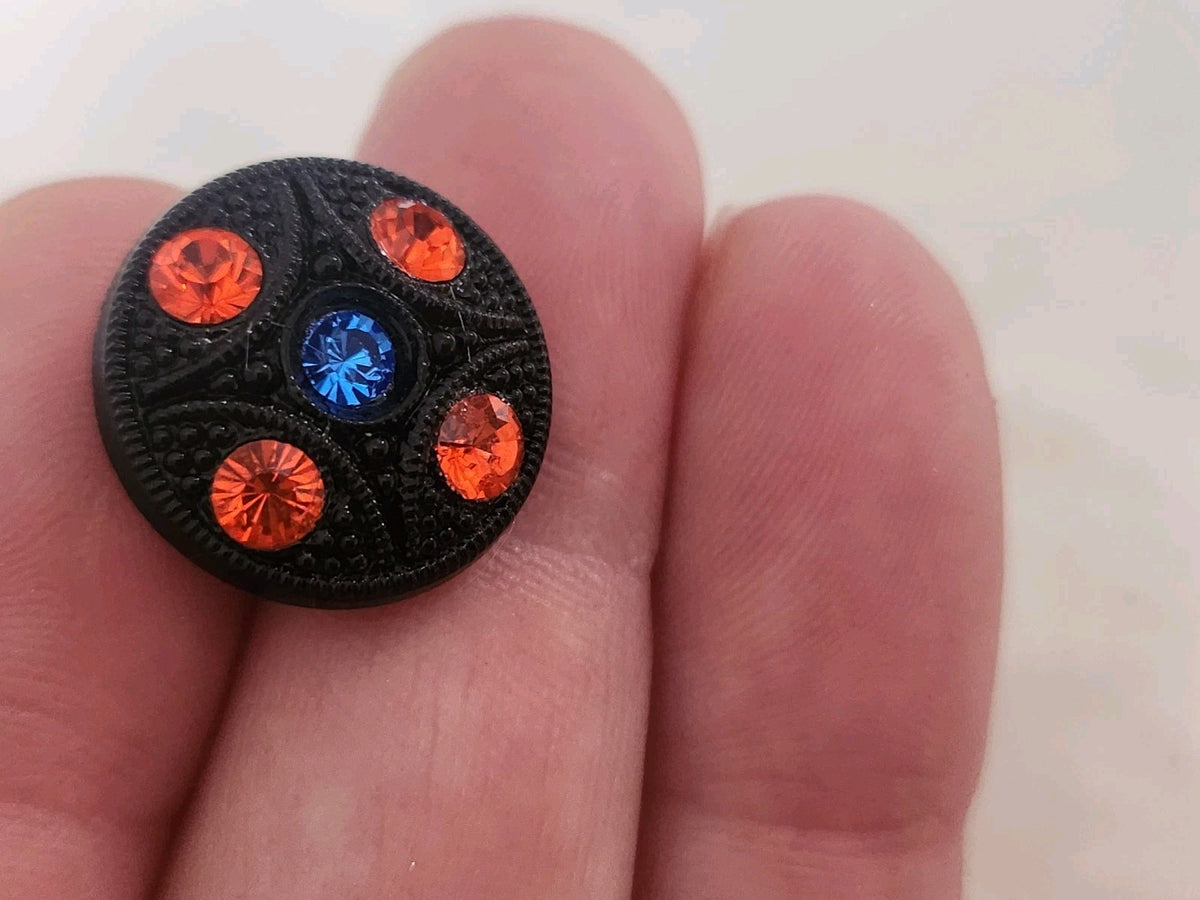 Bouton ancien en verre noir avec strass orange bleu vintage  1,8 cm D18A