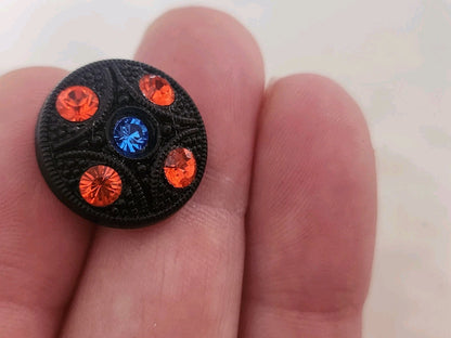 Bouton ancien en verre noir avec strass orange bleu vintage  1,8 cm D18A
