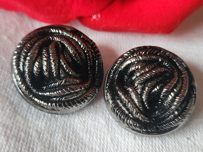 Duo boutons vintage  en verre noir argenté pied  2,2 cm G14F