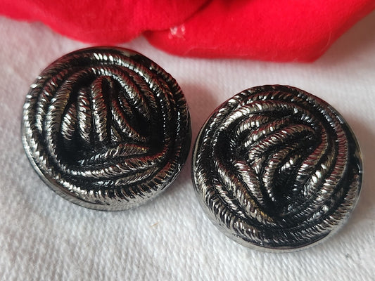 Duo boutons vintage  en verre noir argenté pied  2,2 cm G14F