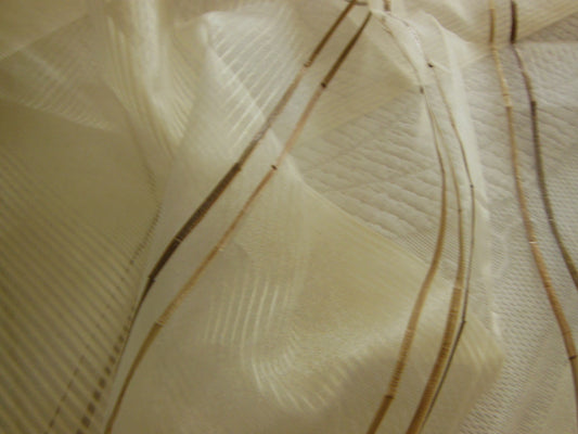 Coupon tissu luxe superbe voilage  blanc marron fil raphia 1 m 23 sur 95 cm B3