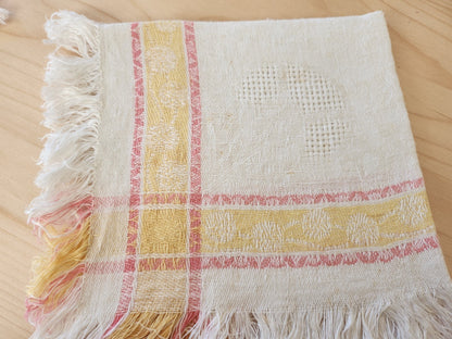 Lot 10 serviettes anciennes a franges damassé rose jaune 34 cm sur 36 cm  B8
