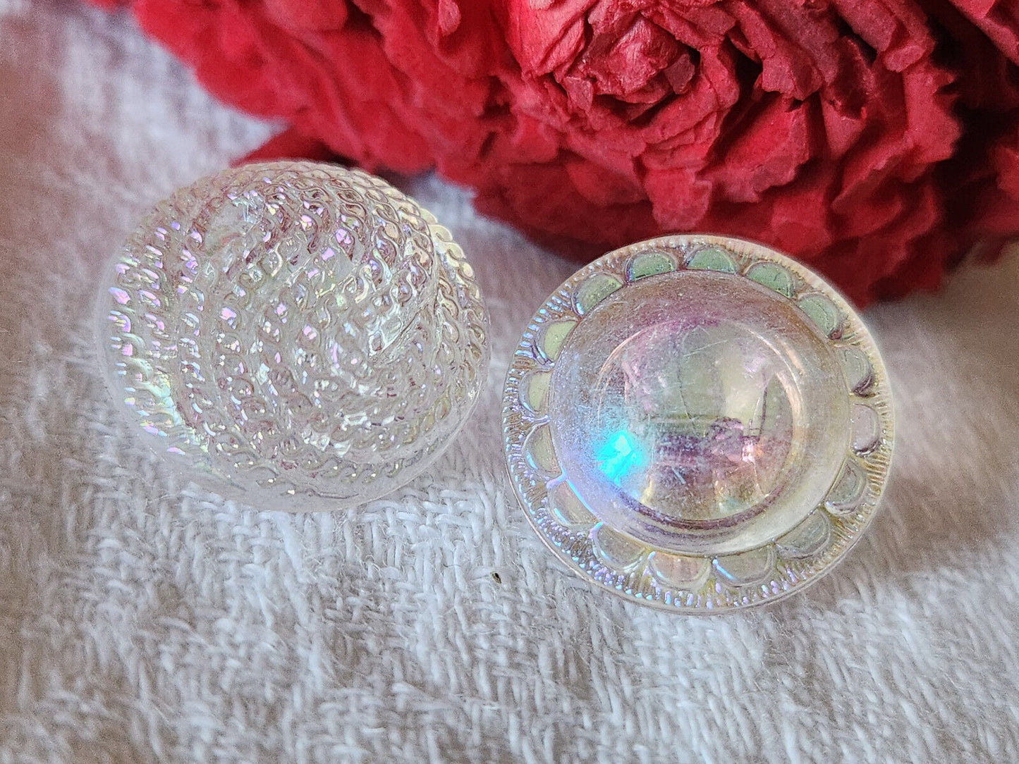 Duo boutons anciens en verre transparent mordoré rose 1,7 cm D3E