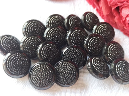 Lot 6 boutons anciens en verre noir lumineux  pied 1,3 cm ref 1231