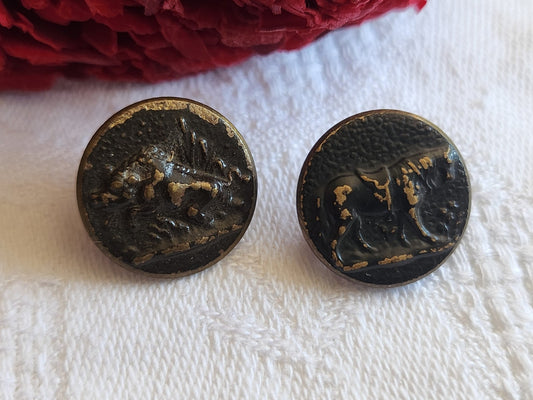 Duo boutons anciens en métal chasse collection sanglier cheval  1,6 cm G19A