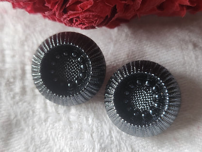 Duo boutons anciens en verre gris foncé  vintage pied  1,8 cm G11H