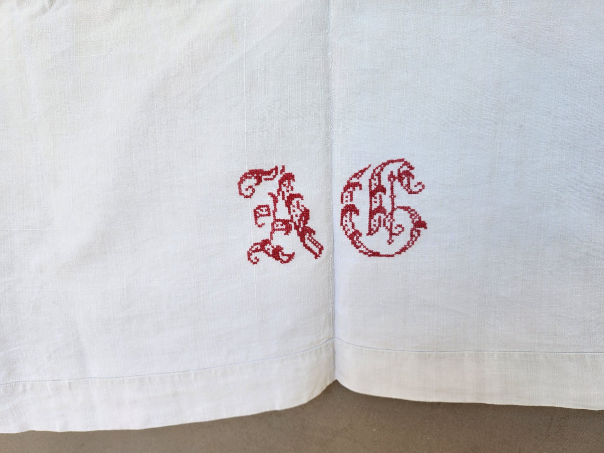 Ancien grand drap toile monogramme point de croix rouge original toile B6
