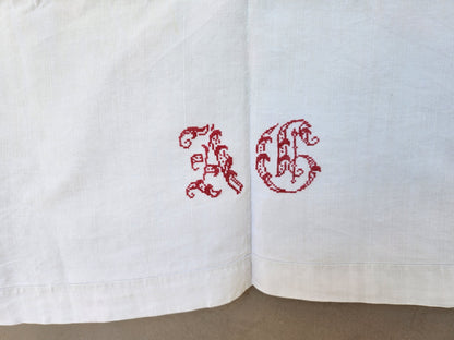Ancien grand drap toile monogramme point de croix rouge original toile B6