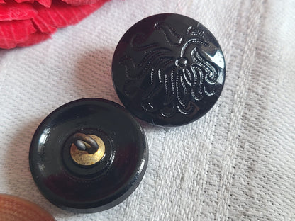 Duo boutons anciens en verre noir motif pied métal vintage 1,7 cm G6C