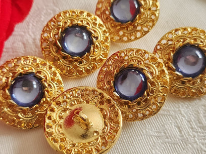 Lot 6 boutons vintage en métal doré volume coeur strass bleu 2,3 cm ref 6336