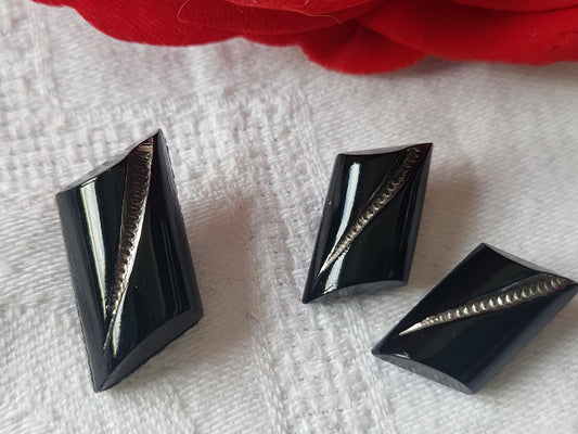 Trio boutons anciens en verre noir argenté pointe à pointe 2 et 2,5 cm G17B