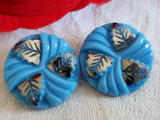 Duo gros boutons anciens en verre bleu argenté feuille  22 mm ou 2,2 cm G16H