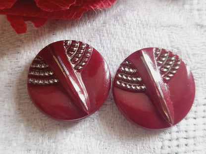 Duo boutons en verre rouge foncé argenté motif 1,8  cm  année 50 D9B