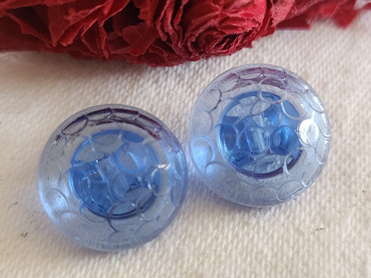 Duo boutons vintage en verre  bleu alveole bombé 1,6 cm G7A