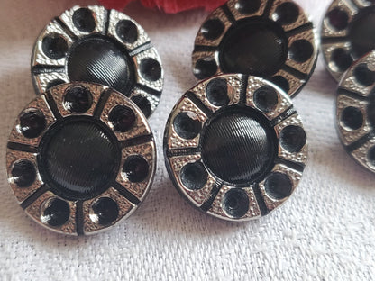 Lot 6 boutons en verre noir argenté gris creusé motif 1,8 cm  ref 2796