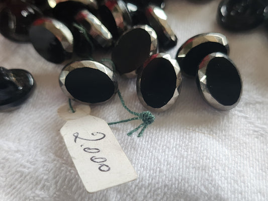 Lot 10 boutons en verre noir argenté vintage ovale mini  0,8 sur 1,1 cm ref 2546