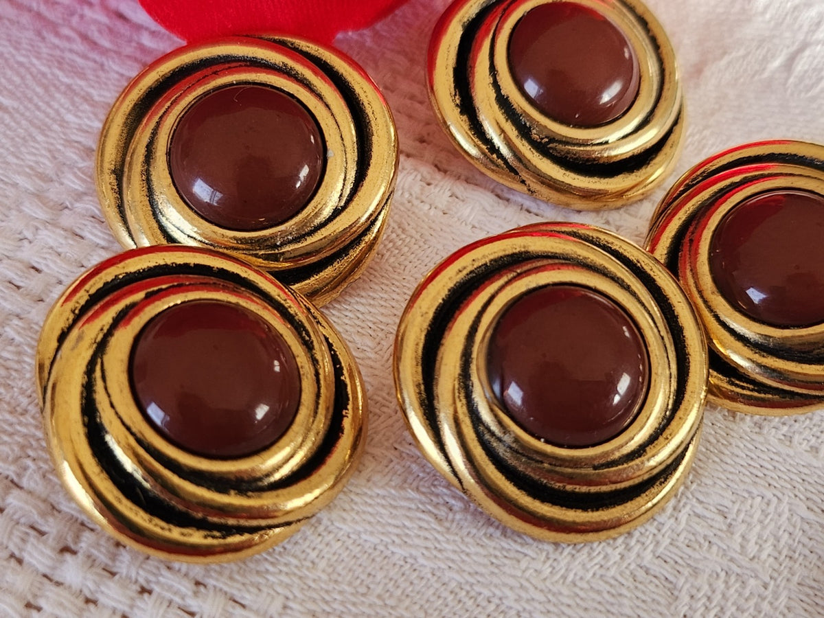 Lot 5 gros boutons vintage  métal doré marron lourd 2,4 cm 24 mm ref 0014