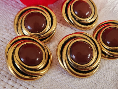 Lot 5 gros boutons vintage  métal doré marron lourd 2,4 cm 24 mm ref 0014