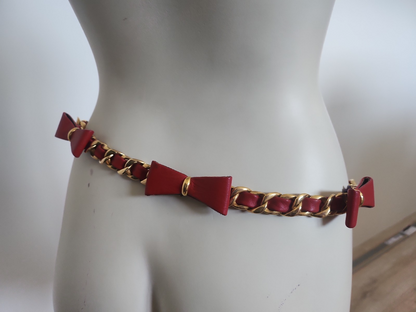 Ceinture ancienne vintage cuir rouge noeud métal doré  superbe