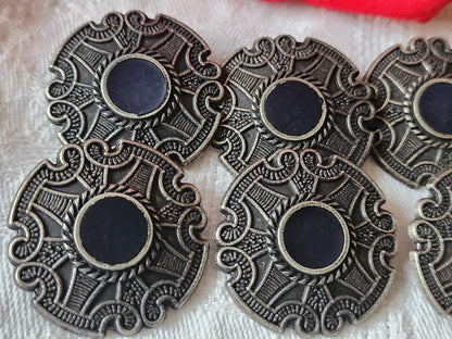 Lot 6 gros boutons vintage en métal argenté bleu  3 cm pied ref 5536
