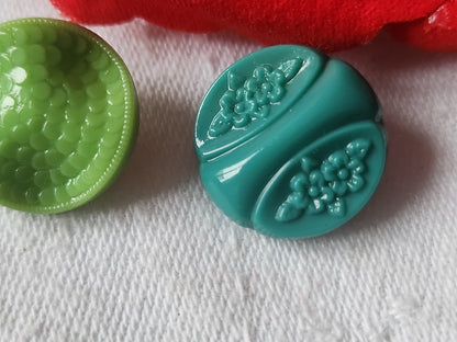 Duo boutons anciens en verre  motif vert vintage 1,8 cm D9H