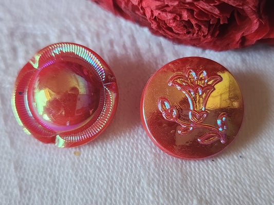 Duo boutons vintage en verre  rouge mordoré  1,8 cm D11H