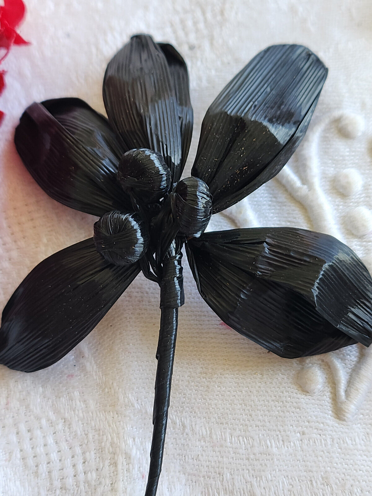 Ancien ornement chapeau creation modiste fleur rafia noir T0-4