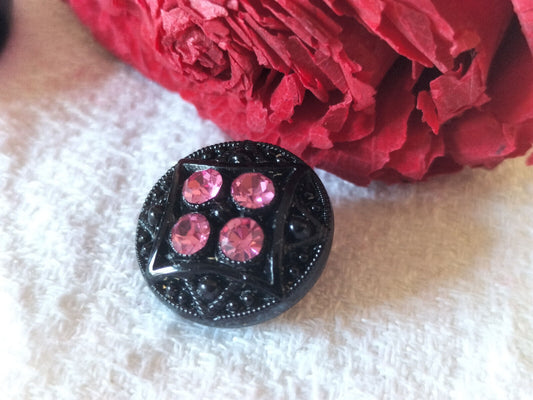 Bouton ancien en verre noir avec strass  vintage rose  1,7 cm D8D