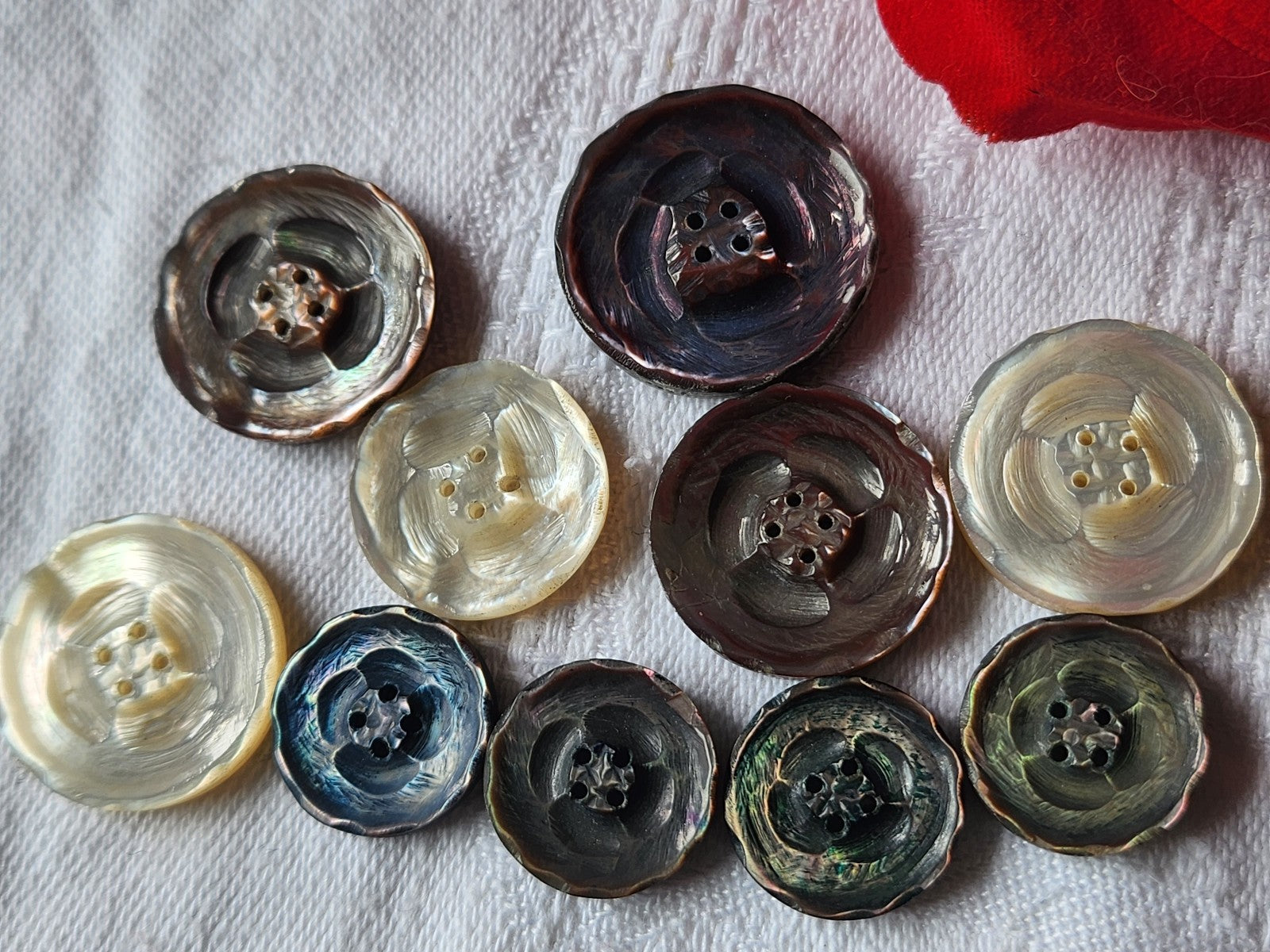 Collection lot 10 boutons ancien en nacre ciselé 1,5 à 2,2 cm ref 3552
