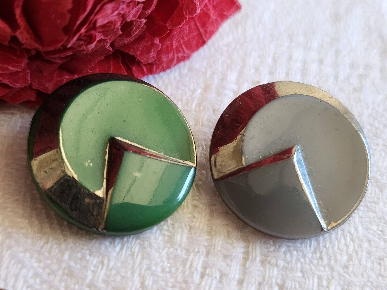 Duo boutons anciens en verre gris vert  année 50/60 argenté 1,7 cm D15F