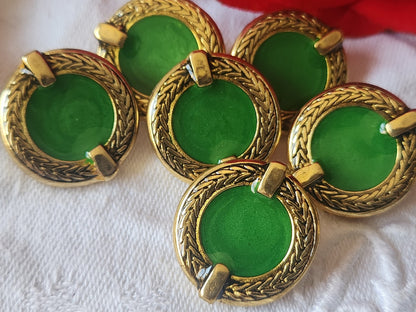 Lot 6 boutons vintage en métal doré coeur vert satiné  2,3 cm ref 1310