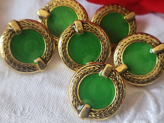 Lot 6 boutons vintage en métal doré coeur vert satiné  2,3 cm ref 1310