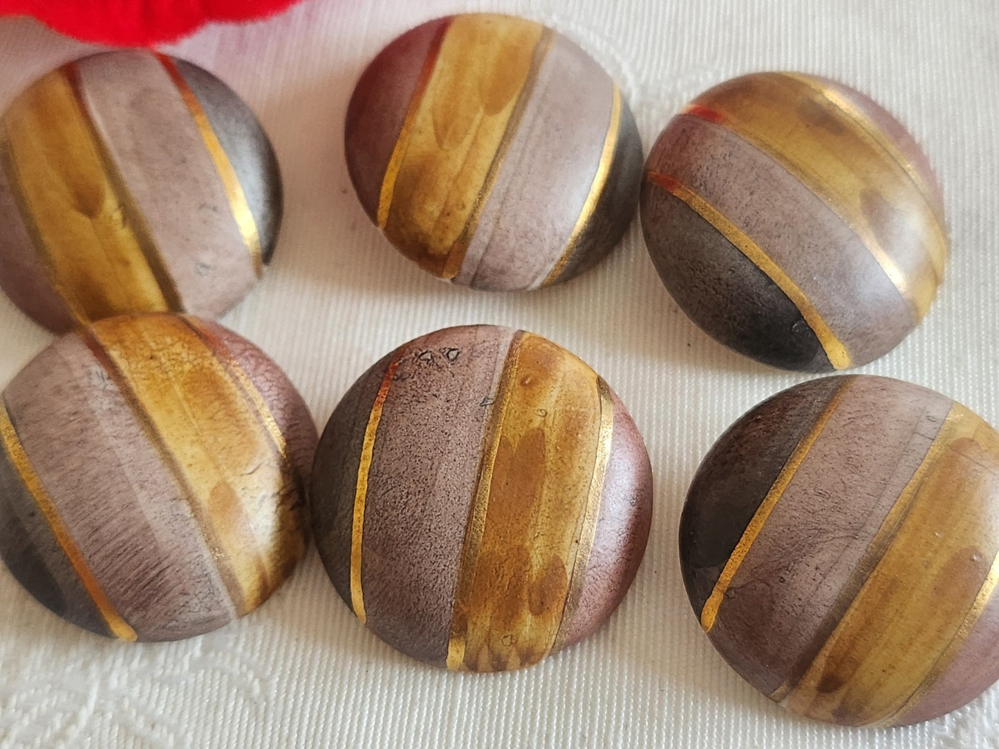 Lot 6 gros boutons vintage céramique camaïeu marron pied métal 2,7 cm ref 6229